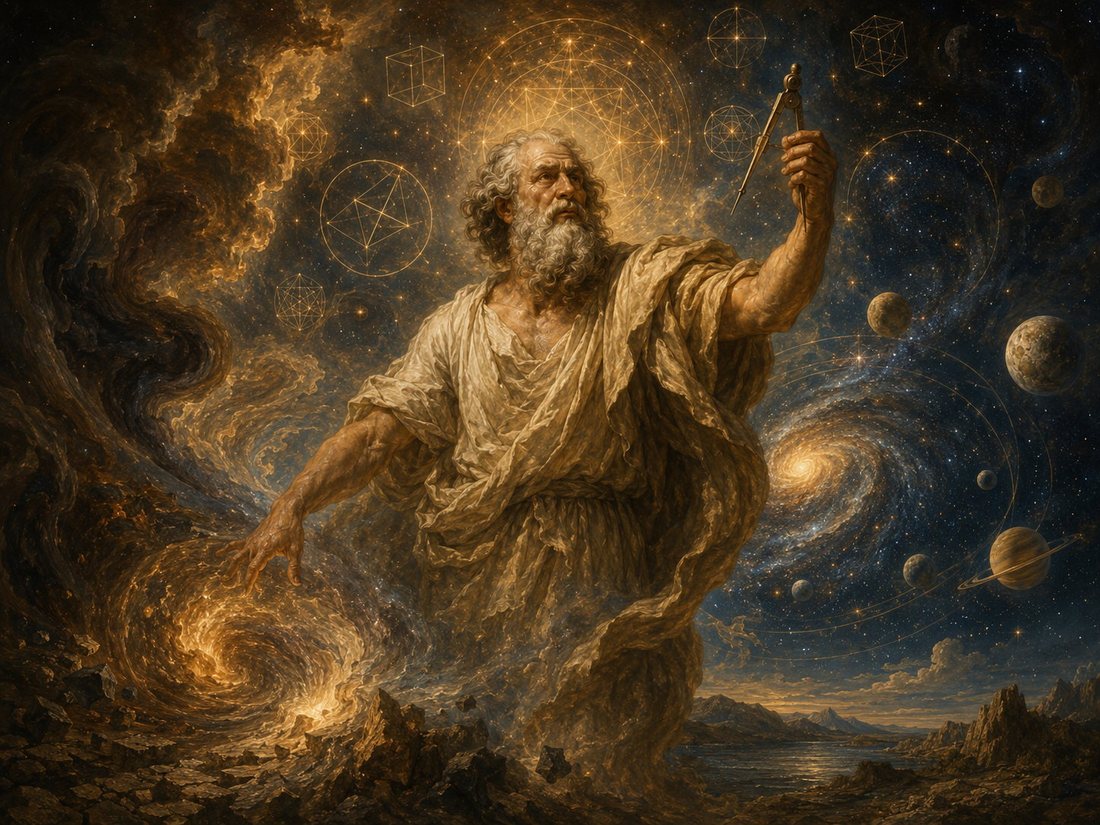 造物主——在圆规、星辰与几何光网之间，宇宙被想象成一场照着永恒范本进行的宏大临摹。